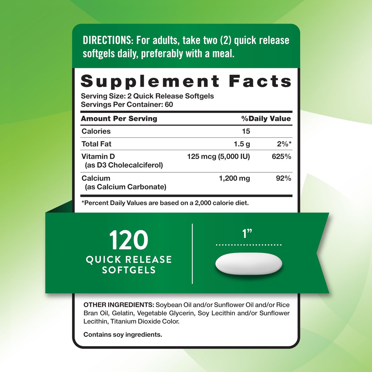 Nature's Truth Absorbierbares Calcium 1200 mg mit Vitamin D3 5000 IE | 120 Softgels | Calciumcarbonat | Non-GMO & glutenfrei