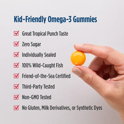 Nordic Naturals Zero Sugar Kinder DHA Gummibärchen, Tropical Punch - 30 Gummibärchen für Kinder - 600 mg Omega-3 insgesamt - Gehirnentwicklung, Lernen, gesundes Immunsystem - Nicht-GMO - 30 Portionen