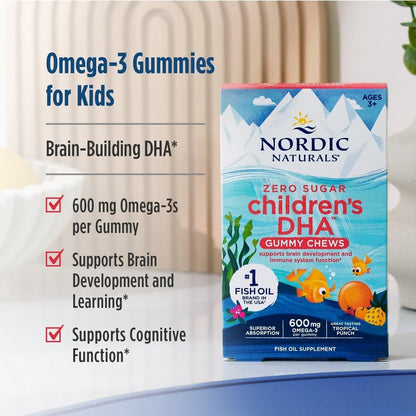 Nordic Naturals Zero Sugar Kinder DHA Gummibärchen, Tropical Punch - 30 Gummibärchen für Kinder - 600 mg Omega-3 insgesamt - Gehirnentwicklung, Lernen, gesundes Immunsystem - Nicht-GMO - 30 Portionen