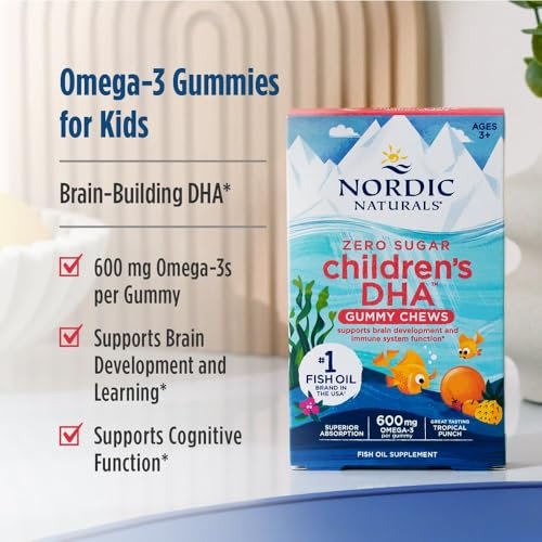 Nordic Naturals Zero Sugar Kinder DHA Gummibärchen, Tropical Punch - 30 Gummibärchen für Kinder - 600 mg Omega-3 insgesamt - Gehirnentwicklung, Lernen, gesundes Immunsystem - Nicht-GMO - 30 Portionen