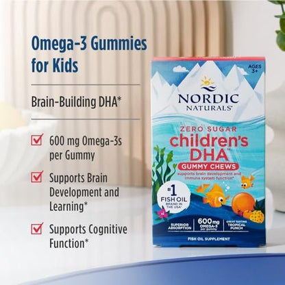 Nordic Naturals Zero Sugar Kinder DHA Gummibärchen, Tropical Punch - 30 Gummibärchen für Kinder - 600 mg Omega-3 insgesamt - Gehirnentwicklung, Lernen, gesundes Immunsystem - Nicht-GMO - 30 Portionen