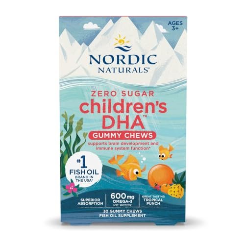 Nordic Naturals Zero Sugar Kinder DHA Gummibärchen, Tropical Punch - 30 Gummibärchen für Kinder - 600 mg Omega-3 insgesamt - Gehirnentwicklung, Lernen, gesundes Immunsystem - Nicht-GMO - 30 Portionen