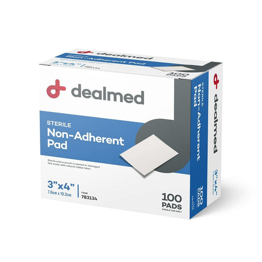 Dealmed Sterile Non-Adherent 3" x 4" Gauze Pads – 100 Stück (1 Packung) Nicht haftender Wundverband, hoch saugfähig, nicht klebend, einzeln verpackt für extra Schutz (Box mit 100)