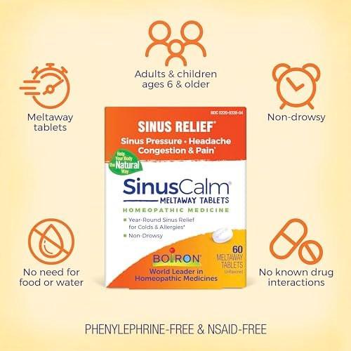 Boiron SinusCalm Tabletten gegen Sinusschmerzen, laufende Nase, Verstopfung, Sinusdruck, Kopfschmerzen - 60 Stück