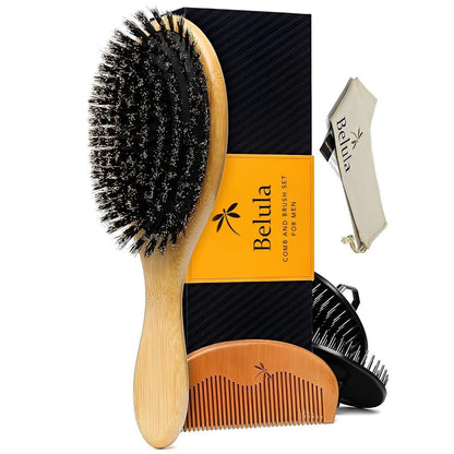 Belula Herren Haarbürsten-Set mit Wildschweinborsten – Sanfte Bürste für dünnes, normales & kurzes Haar – Inklusive Holzkamm, 2 Palmbürsten & Reisetasche – Beste Haarbürsten für Männer!