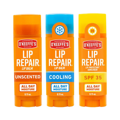 O'Keeffe's Lip Repair Lippenbalsam Set für trockene, rissige Lippen – Stick (3er-Pack: 1 Cooling + 1 Unscented + 1 SPF) – Feuchtigkeitsspender für extrem rissige, trockene Lippen