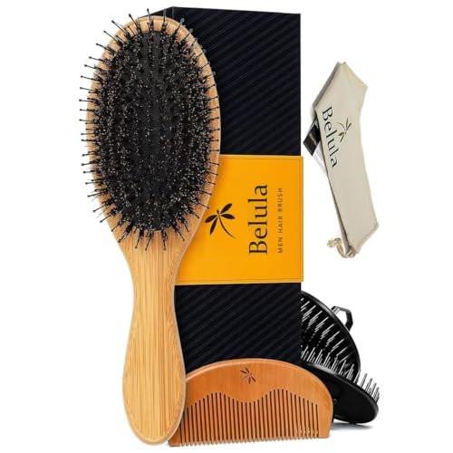 Belula Herren Haarpflege-Set: Wildschweinborstenbürste, Nylonstiftbürste, Holzkamm und Reisetasche für Styling
