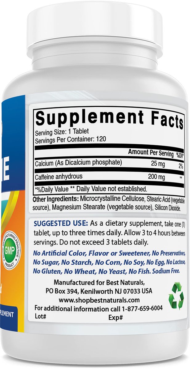 Best Naturals 3er-Pack Koffein Tabletten 200 mg – 360 Tabletten, nicht gewöhnungsbedürftig, kein Crash oder Nervosität