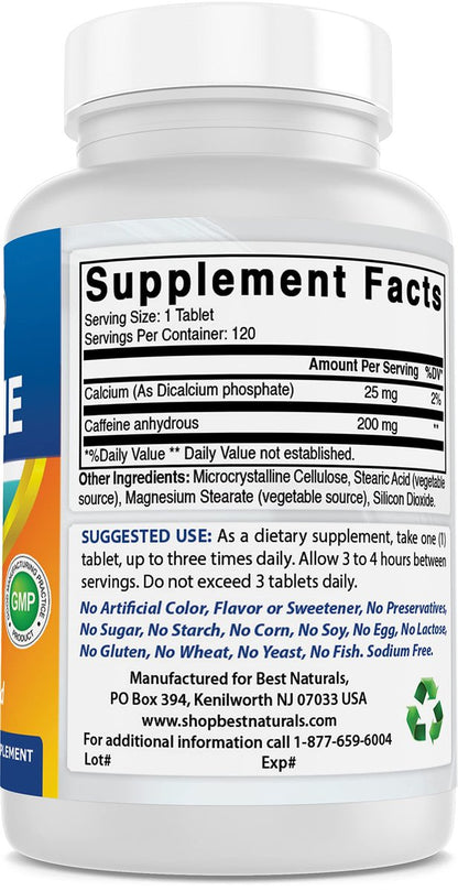 Best Naturals 3er-Pack Koffein Tabletten 200 mg – 360 Tabletten, nicht gewöhnungsbedürftig, kein Crash oder Nervosität