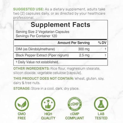 DIM Supplement 300mg mit Schwarzem Pfeffer, 240 vegane Kapseln, 4 Monate Vorrat | 2-in-1 DIM-Präparat für Frauen und Männer | Diindolylmethan plus schwarzer Pfefferextrakt für verbesserte Aufnahme*
