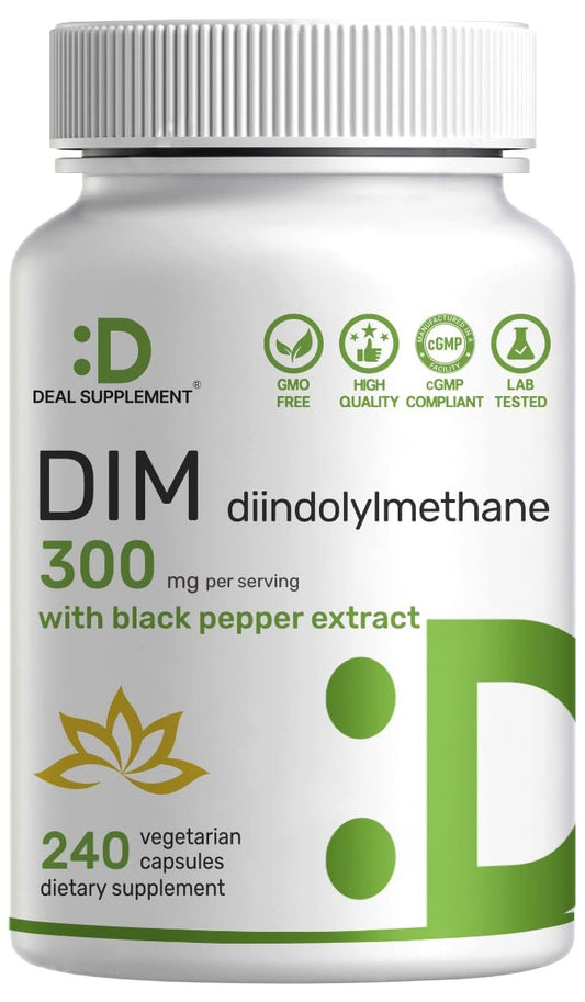 DIM Supplement 300mg mit Schwarzem Pfeffer, 240 vegane Kapseln, 4 Monate Vorrat | 2-in-1 DIM-Präparat für Frauen und Männer | Diindolylmethan plus schwarzer Pfefferextrakt für verbesserte Aufnahme*