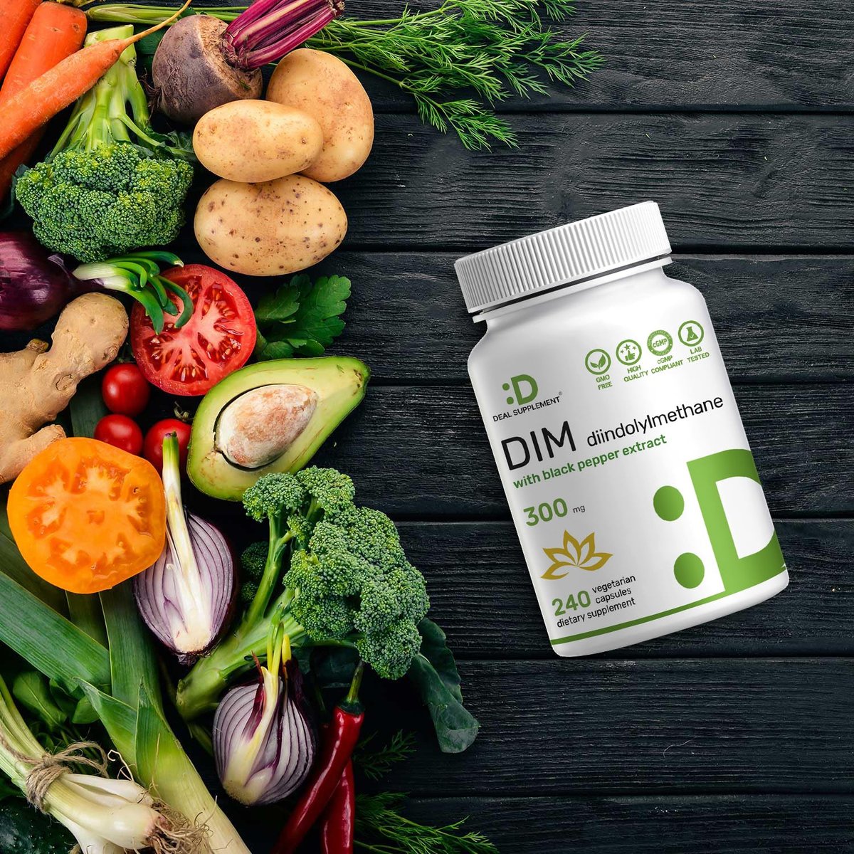 DIM Supplement 300mg mit Schwarzem Pfeffer, 240 vegane Kapseln, 4 Monate Vorrat | 2-in-1 DIM-Präparat für Frauen und Männer | Diindolylmethan plus schwarzer Pfefferextrakt für verbesserte Aufnahme*