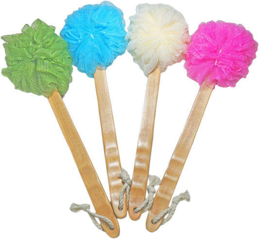 4er-Pack Dusch-Loofah Körper- & Rückenpeeling-Bürste mit langem Holzstiel – Peeling-Luffa-Bürste für Männer & Frauen – Ideal als Duschgel- und Lotion-Applikator