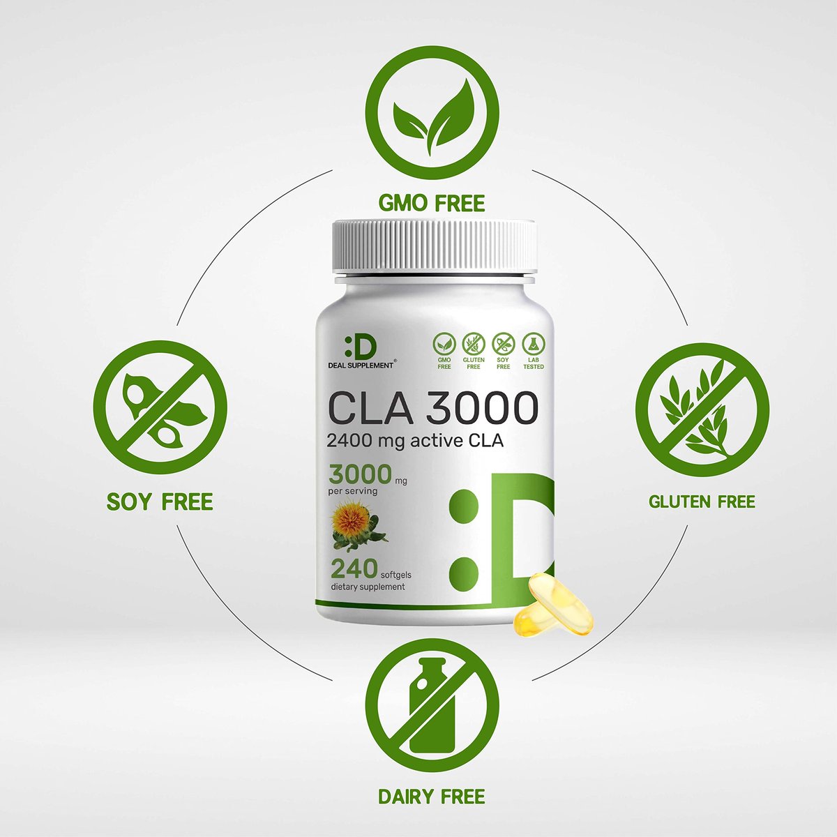 Ultra-Stärke CLA 3000 mg | 240 Weichkapseln, aktive konjugierte Linolsäure aus Distelöl