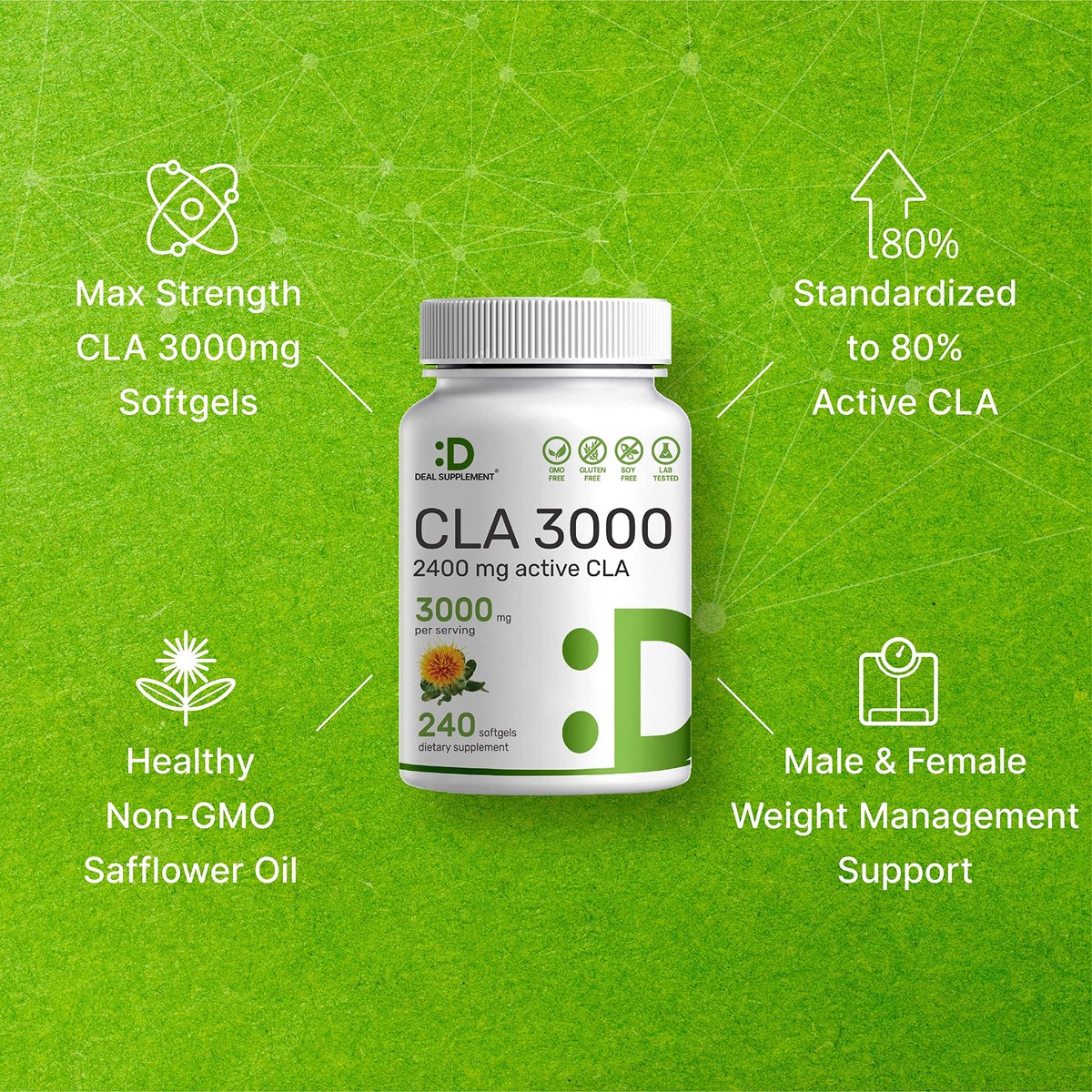 Ultra-Stärke CLA 3000 mg | 240 Weichkapseln, aktive konjugierte Linolsäure aus Distelöl