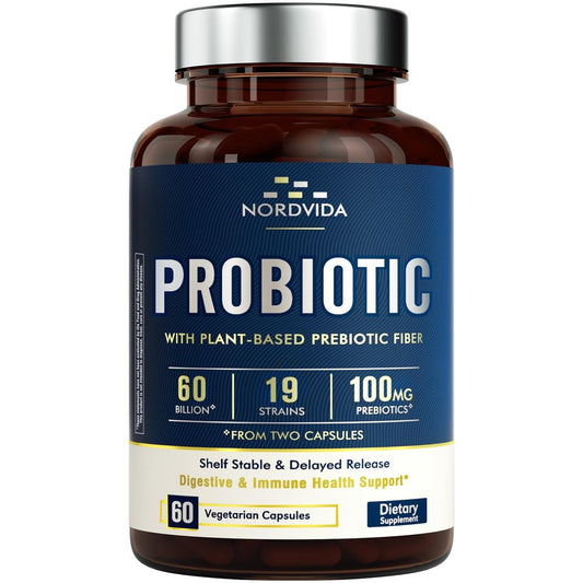 Nordvida Probiotikum 60 Milliarden 19 Stämme mit organischem Präbiotikum für Männer & Frauen, Verdauungs- & Immunsystem, Nicht-GVO, Ohne Milchprodukte, Lagerstabil, Verzögerte Freisetzung, 60 vegane Kapseln