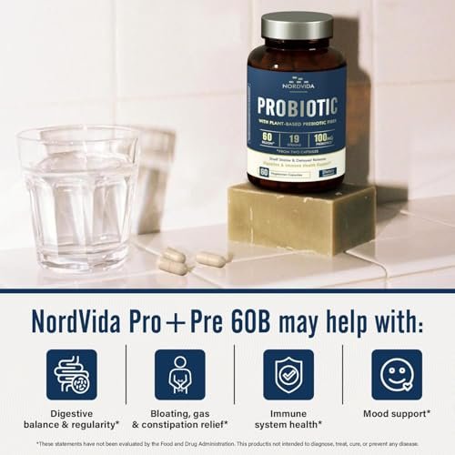 Nordvida Probiotikum 60 Milliarden 19 Stämme mit organischem Präbiotikum für Männer & Frauen, Verdauungs- & Immunsystem, Nicht-GVO, Ohne Milchprodukte, Lagerstabil, Verzögerte Freisetzung, 60 vegane Kapseln