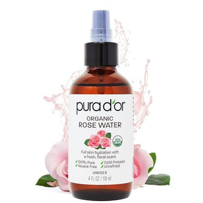 PURA D'OR 118 ml Bio Rosenwasser Gesichtswasser - USDA zertifiziert 100% reine Hautfeuchtigkeit, Kontrolle überschüssiger Öle - Reinigt & macht weich - Fördert gesunde Haut - für alle Hauttypen