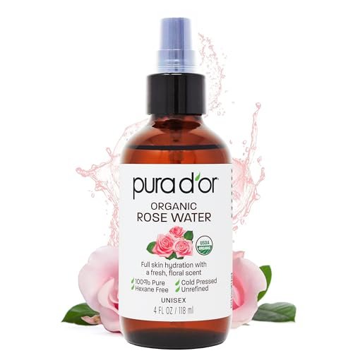 PURA D'OR 118 ml Bio Rosenwasser Gesichtswasser - USDA zertifiziert 100% reine Hautfeuchtigkeit, Kontrolle überschüssiger Öle - Reinigt & macht weich - Fördert gesunde Haut - für alle Hauttypen