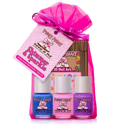 Piggy Paint 100% Ungiftiges Nagellack-Set für Mädchen | Shimmer & Sparkle (3 Nagellacke + Nagelkunst-Geschenkset)