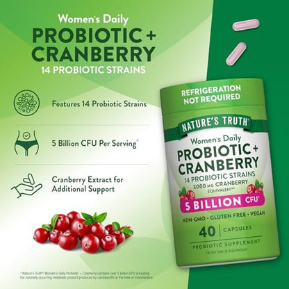 Nature's Truth Probiotika für Frauen | 5 Milliarden KBE täglich | 40 vegane Kapseln | mit Cranberry | Non-GMO & glutenfrei | Keine Kühlung erforderlich