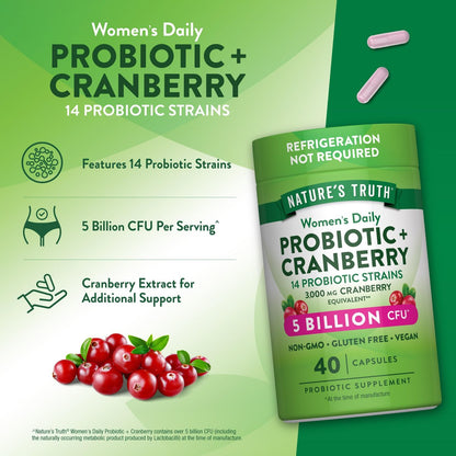 Nature's Truth Probiotika für Frauen | 5 Milliarden KBE täglich | 40 vegane Kapseln | mit Cranberry | Non-GMO & glutenfrei | Keine Kühlung erforderlich
