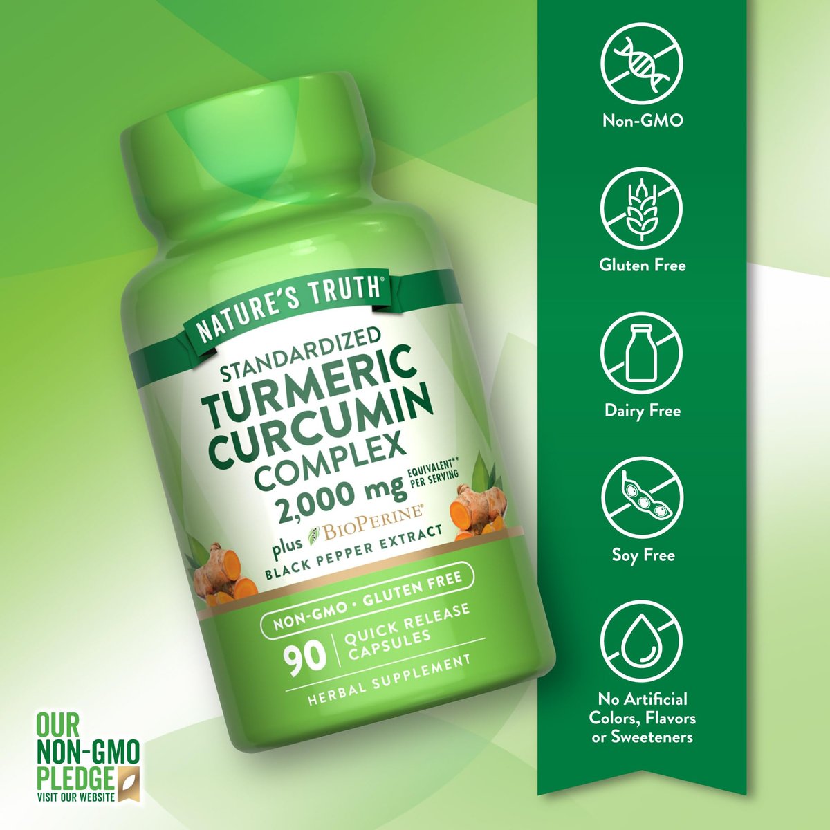 Nature's Truth Kurkuma Curcumin Kapseln | mit 95% standardisierten Curcuminoiden & Bioperin | 90 Kapseln | Non-GMO & Glutenfrei