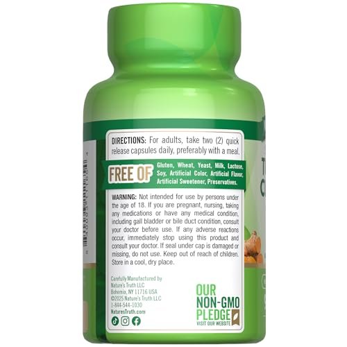 Nature's Truth Kurkuma Curcumin Kapseln | mit 95% standardisierten Curcuminoiden & Bioperin | 90 Kapseln | Non-GMO & Glutenfrei