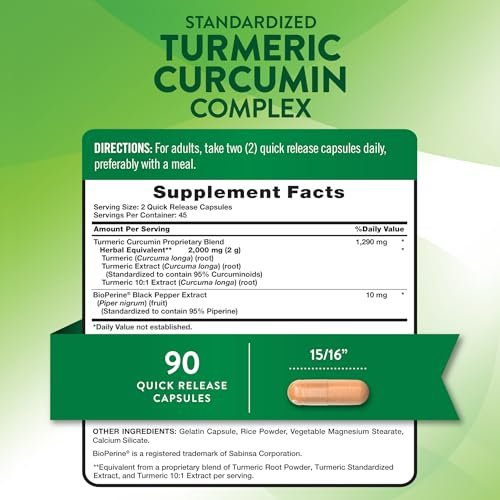 Nature's Truth Kurkuma Curcumin Kapseln | mit 95% standardisierten Curcuminoiden & Bioperin | 90 Kapseln | Non-GMO & Glutenfrei