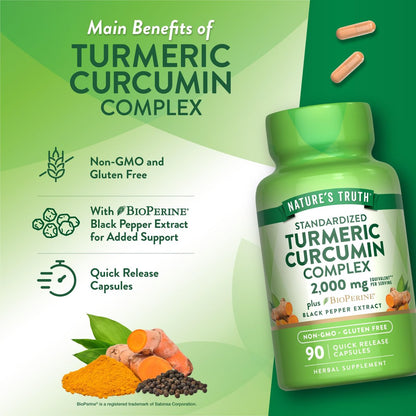 Nature's Truth Kurkuma Curcumin Kapseln | mit 95% standardisierten Curcuminoiden & Bioperin | 90 Kapseln | Non-GMO & Glutenfrei