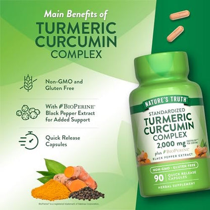Nature's Truth Kurkuma Curcumin Kapseln | mit 95% standardisierten Curcuminoiden & Bioperin | 90 Kapseln | Non-GMO & Glutenfrei