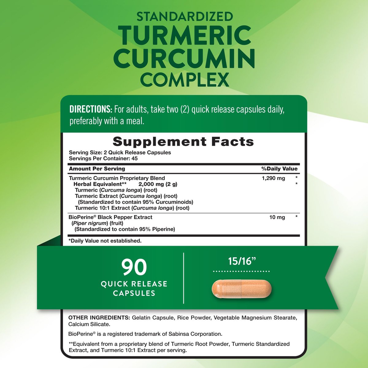 Nature's Truth Kurkuma Curcumin Kapseln | mit 95% standardisierten Curcuminoiden & Bioperin | 90 Kapseln | Non-GMO & Glutenfrei