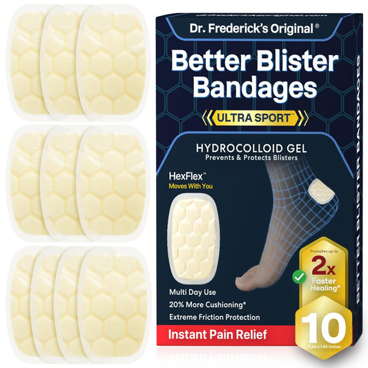 Dr. Frederick's Original Ultra Sport Better Blister Pflaster für Füße - 10 Stück - Fersen-HexFlex-Hydrokolloid-Pflaster - Ultimative Blasenprävention & Regeneration - wasserdicht - für Sport & Reisen
