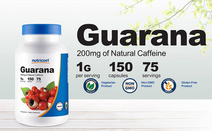 Nutricost Guarana 1000 mg, 150 vegane Kapseln – Natürlicher pflanzlicher Koffein-Energizer aus Brasilien