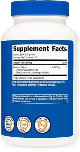 Nutricost Guarana 1000 mg, 150 vegane Kapseln – Natürlicher pflanzlicher Koffein-Energizer aus Brasilien