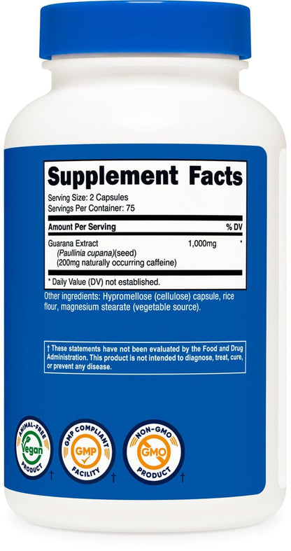 Nutricost Guarana 1000 mg, 150 vegane Kapseln – Natürlicher pflanzlicher Koffein-Energizer aus Brasilien