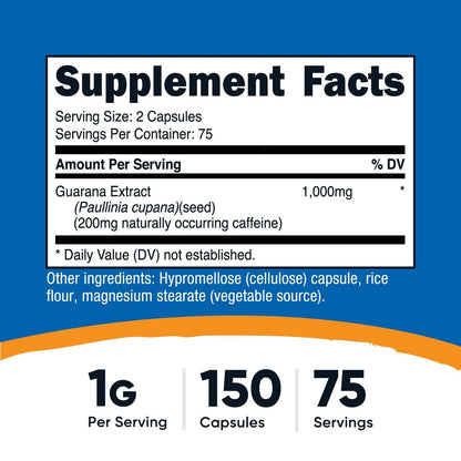 Nutricost Guarana 1000 mg, 150 vegane Kapseln – Natürlicher pflanzlicher Koffein-Energizer aus Brasilien