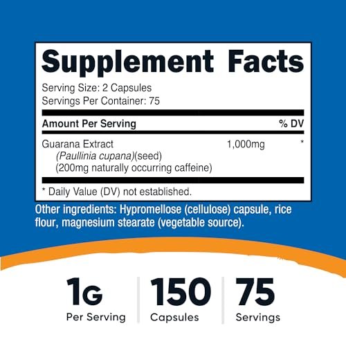 Nutricost Guarana 1000 mg, 150 vegane Kapseln – Natürlicher pflanzlicher Koffein-Energizer aus Brasilien