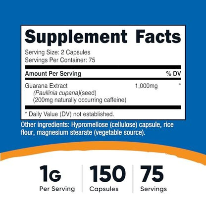 Nutricost Guarana 1000 mg, 150 vegane Kapseln – Natürlicher pflanzlicher Koffein-Energizer aus Brasilien