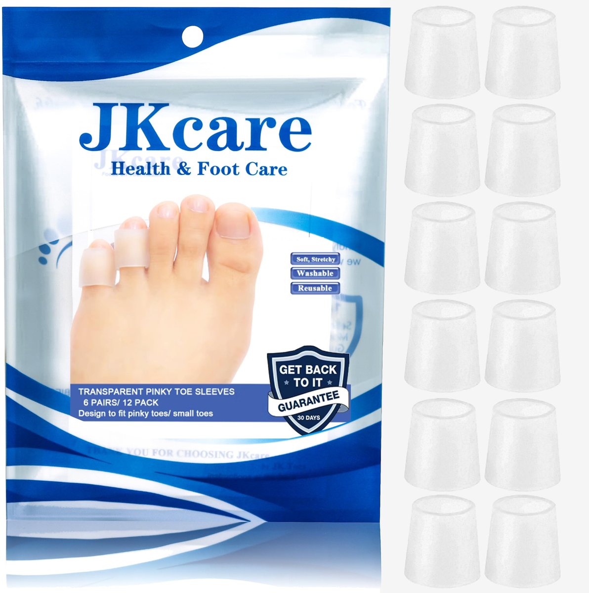 JKcare Transparente Zehenschutzhüllen für den kleinen Zeh, Silikon-Hühneraugenpolster, 12er-Pack, kleine Zehenschützer gegen Hühneraugen, Blasen und verletzte Zehennägel