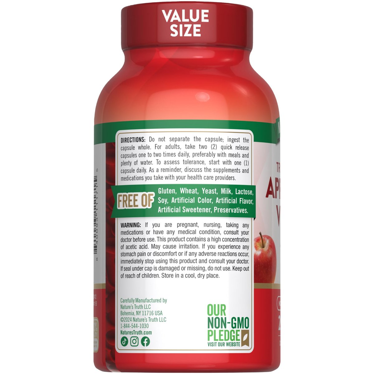 Nature's Truth Apfelessig Kapseln | 1200 mg | 200 Stück | Extra Stärke | Großpackung | Nicht-GVO, glutenfrei