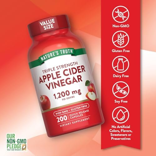Nature's Truth Apfelessig Kapseln | 1200 mg | 200 Stück | Extra Stärke | Großpackung | Nicht-GVO, glutenfrei