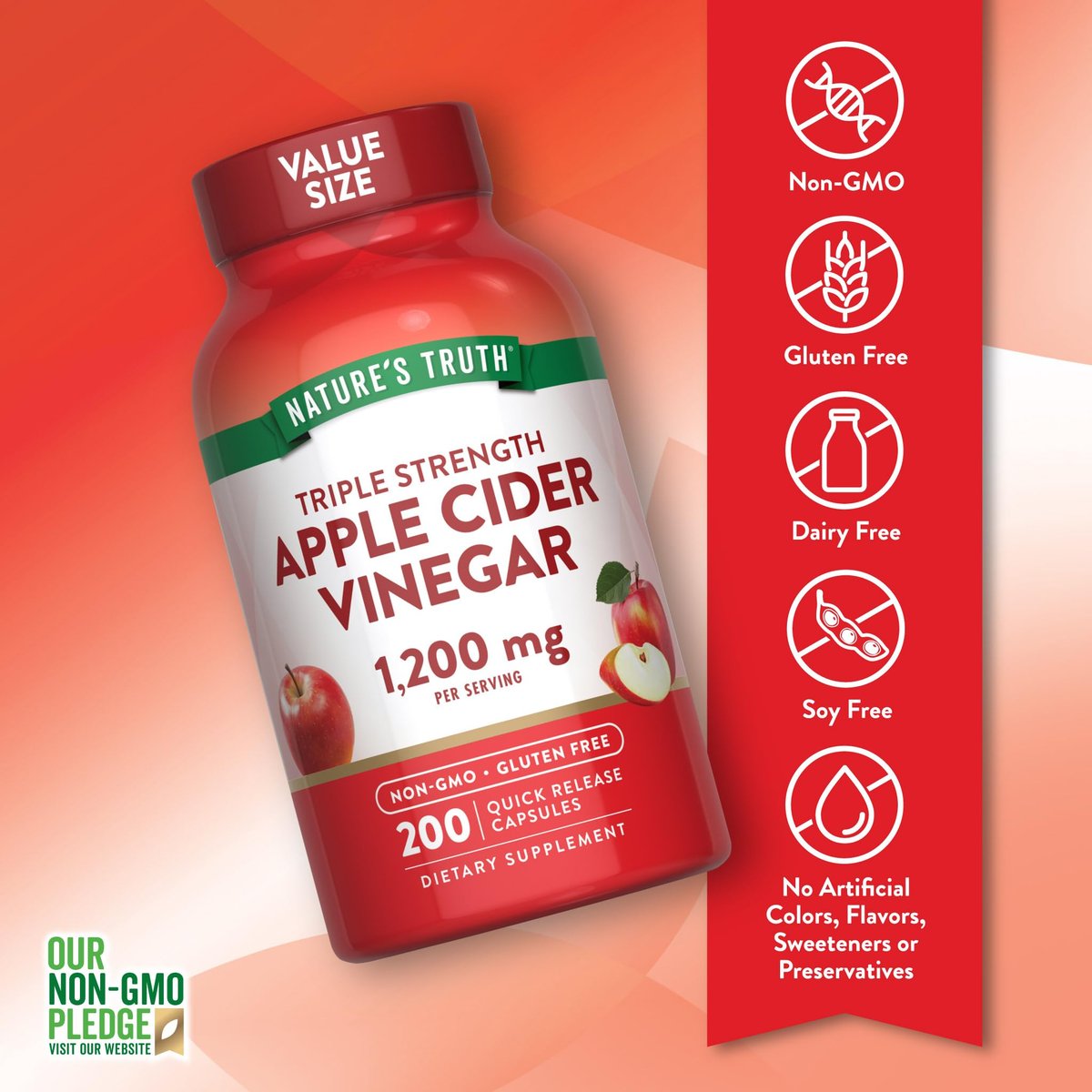 Nature's Truth Apfelessig Kapseln | 1200 mg | 200 Stück | Extra Stärke | Großpackung | Nicht-GVO, glutenfrei