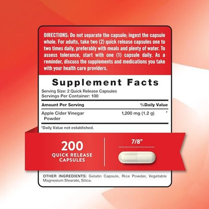 Nature's Truth Apfelessig Kapseln | 1200 mg | 200 Stück | Extra Stärke | Großpackung | Nicht-GVO, glutenfrei