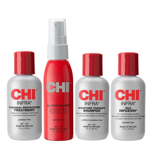 CHI Infra The Essentials Kit – 4-teiliges Pflegeset mit Infra Shampoo, 44 Iron Guard, Treatment & Silk Infusion, sulfatfrei, parabenfrei, tierversuchsfrei, 59 ml (4 Produkte)