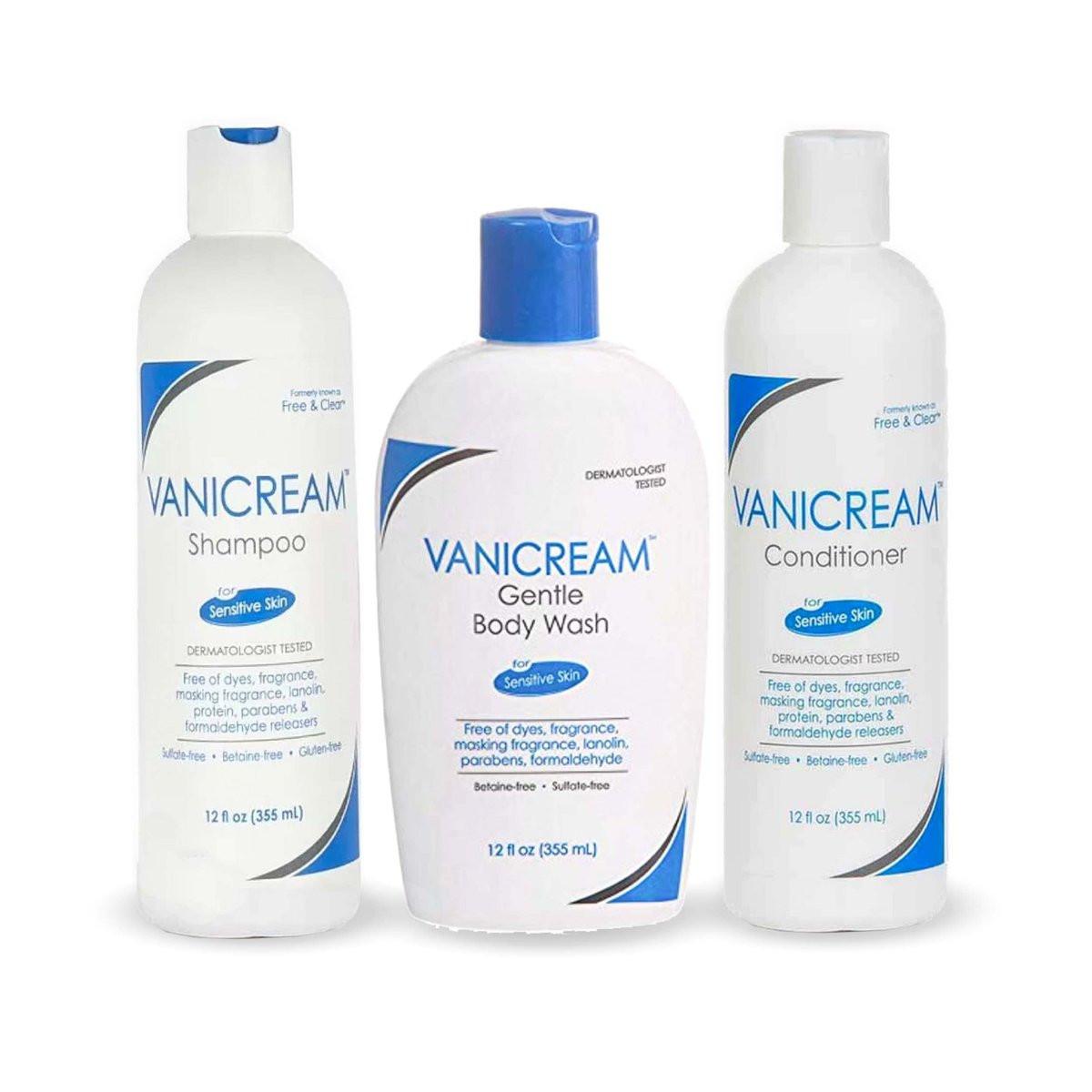 Vanicream Free & Clear Shampoo, Conditioner und Duschbad Set – Sanfte Reinigung für empfindliche Haut, ohne Duftstoffe und Parabene – 3 x 355 ml
