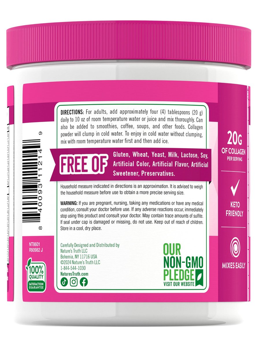 Nature's Truth Kollagenpulver | 198 g | Typ I und III | Ungesüßt | Weidehaltung, Keto-freundlich | Non-GMO & glutenfrei