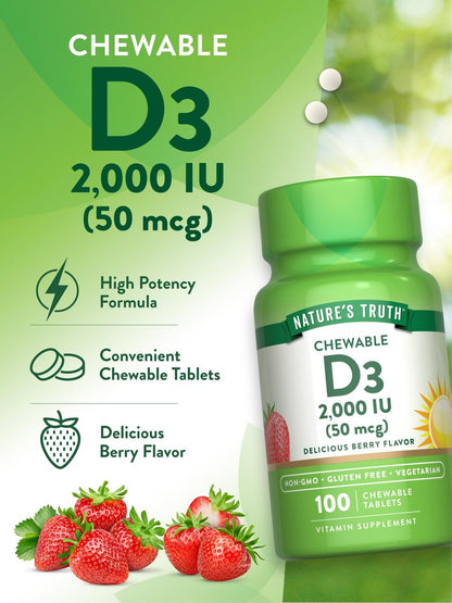 Nature's Truth Vitamin D3 2.000 IE Kautabletten – 100 Tabletten, Beerengeschmack, Vegetarisch, Nicht-GVO & Glutenfrei