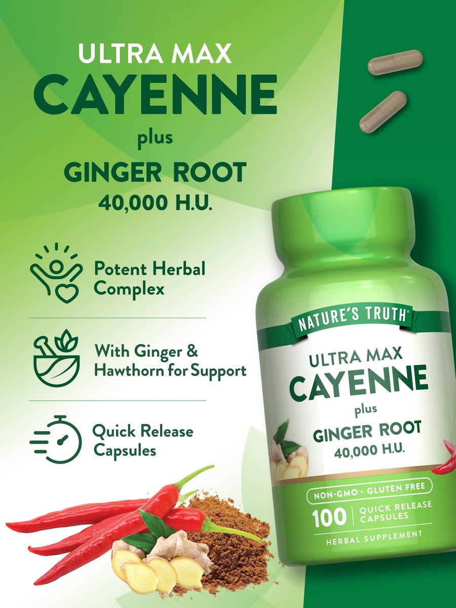 Nature's Truth Cayenne Pfeffer Kapseln | 40.000 HU | 100 Kapseln | mit Ingwerwurzel | Non-GMO & Glutenfrei