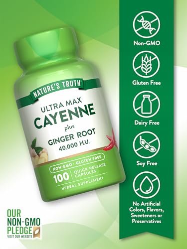 Nature's Truth Cayenne Pfeffer Kapseln | 40.000 HU | 100 Kapseln | mit Ingwerwurzel | Non-GMO & Glutenfrei